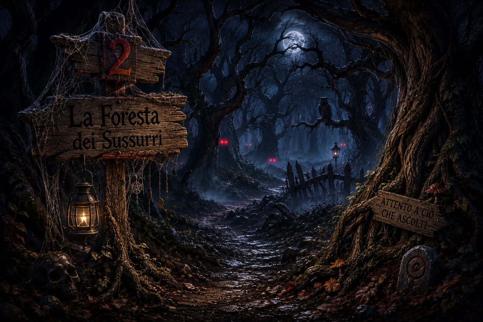 La Foresta dei Sussurri, con il sentiero illuminato e piccoli bagliori rossi tra gli alberi