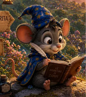 Zampy legge il libro delle sue avventure